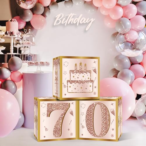 Image of Guiruiy 3Pcs 70th Birthday Decorations Boxes for Women, Pink Rose Gold 70th Birthday Balloons Boxes Party Supplies, Pink Seventy Year Old Bday Theme Cardboard Box Decor