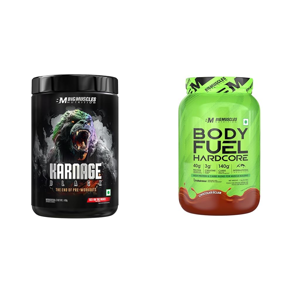 Bigmuscles Nutrition Karnage Black Preworkout (Sex On The Beach, 420g) | Bigmuscles Nutrition Body Fuel Hardcore Mass Gainer (1kg, Chocolate Eclair)-image-39