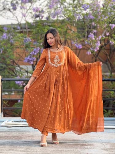 Image of Women's Cotton Embroidery Anarkali Kurti and Pant with Dupatta Set