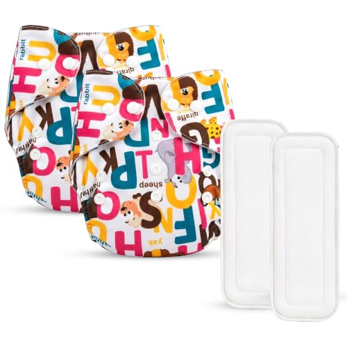 Image of GLUN Printed Reusable Baby Cloth Diaper Pack of 2, Multicolour Colour Alphabet Print, Comfort & Protection, Leakproof & High Absorption