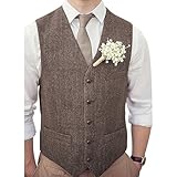Teukuire Men's V-Neck Suit Vests Slim Fit Casual Business Formal Herringbone Tweed Wool Waistcoat Wedding Groomsmen Suit Vest Light Brown L