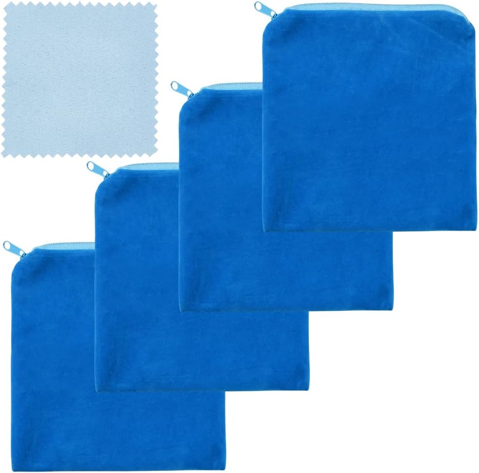 Beebeecraft 4Pcs Zippered Silver Storage Bags Anti Tarnish 6.5x5.9 Inch Small Microfiber Navy Blue Silver Jewelry Pouches Storage Protector Bags with 4Pcs Polishing Cloth for Bracelets Rings Necklaces