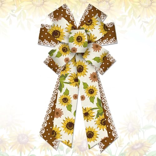 Estivaux Large Spring Flowers Bows for Wreath, Floral Lace Wreath Bow Brown Yellow Burlap Bows Sunflower Craft Farmhouse Tree Bows for Front Door Wreath Decorations