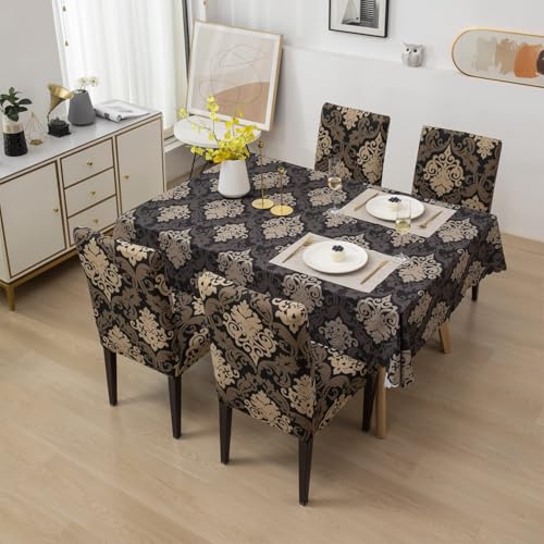 Image of Styleys Dining Chair Cover with Table Covers for Kitchen Waterproof Dining Table Cloth (1 Table Cover + 4 Chair Cover, Royal Black /Gold, CTSLMC123)