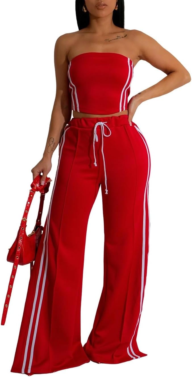 Women's Summer 2 Piece Outfits Strapless Striped Crop Tops & Wide Leg Pants Sets Sexy Two Piece Sets