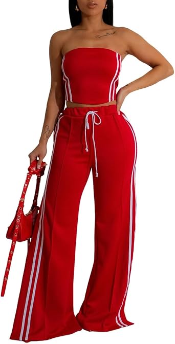 Womens Summer 2 Piece Outfits Strapless Striped Crop Tops & Wide Leg Pants Sets Sexy Two Piece Sets