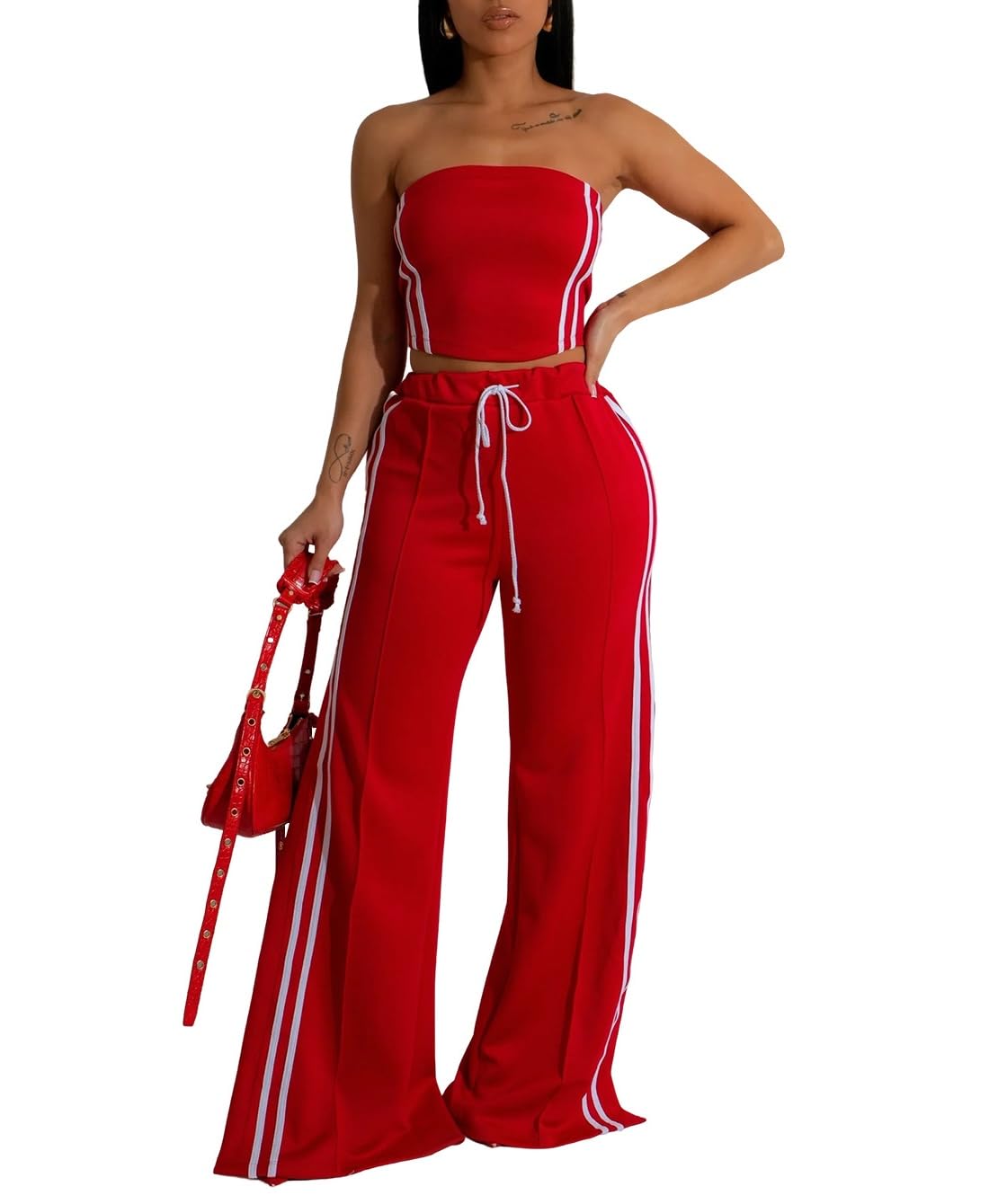 CHEZVOGUE Women's Summer 2 Piece Outfits Strapless Striped Crop Tops & Wide Leg Pants Sets Sexy Two Piece Sets