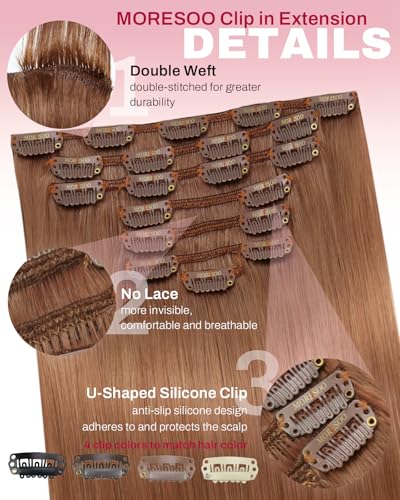 Image of Moresoo Clip in Hair Extensions Copper Brown Human Hair 16 inch 120g 7pcs | Human hair clip in extensions, soft ginger copper brown finish, double weft, silky straight texture for party-ready volume