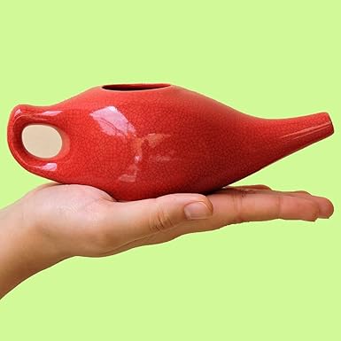 Leak Proof Durable Ceramic Neti Pot Non-Metallic and Lead Free Comfortable Grip | Microwave and Dishwasher Friendly Natural Treatment for Sinus and 10 Sachet Salt Congestion (Red Colour)