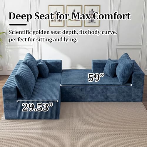 Image of 138 inch Modular Sectional Sofa, U-Shaped Cloud Couch with Deep Seats & Chaise, Convertible 4-in-1 Corduroy Boneless Couches for Living Room, No-Assembly - Blue (Right Facing Chaise)