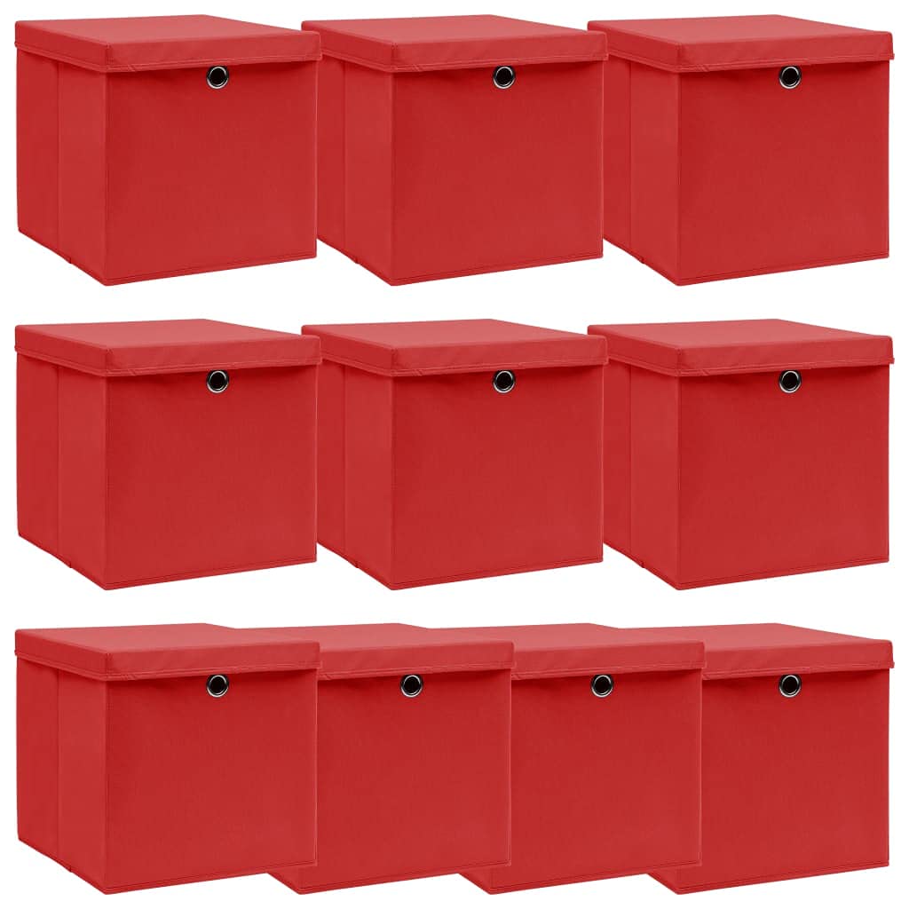 vidaXL 10x Aufbewahrungsbox mit Deckel Zusammenklappbar Spielkiste Regalkorb Faltkiste Korb Kinderbox Box Kiste Rot 32×32×32cm Stoff