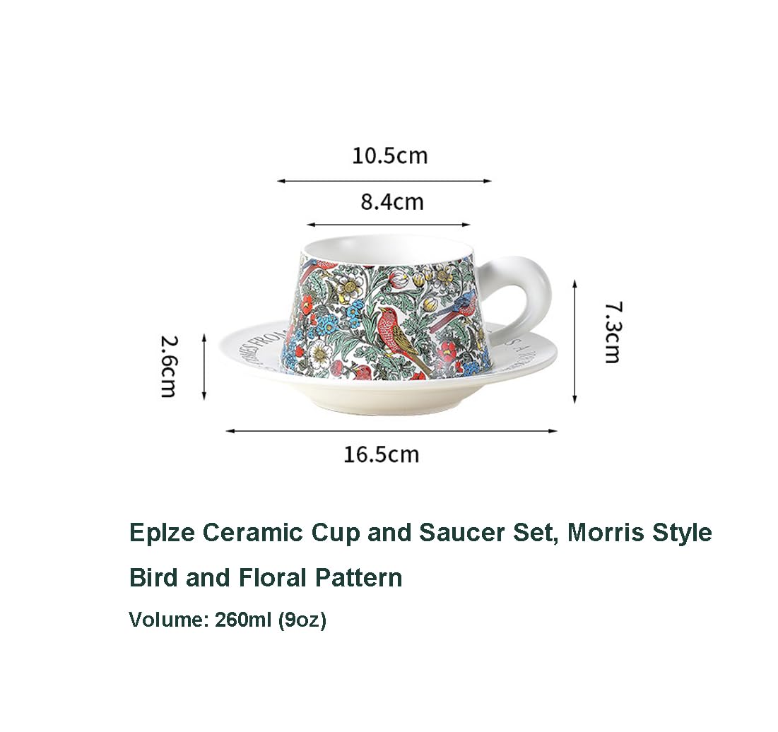 Eplze YBK Tech Morris Style Ceramic Cup and Saucer Set, 9oz Teacup with Saucer- Birds and Floral Pattern (White) - Image 2