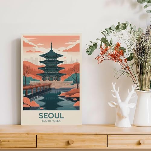 Poster voyage Séoul vintage 50x75 cm : grande affiche paysage coréen pour déco murale salon