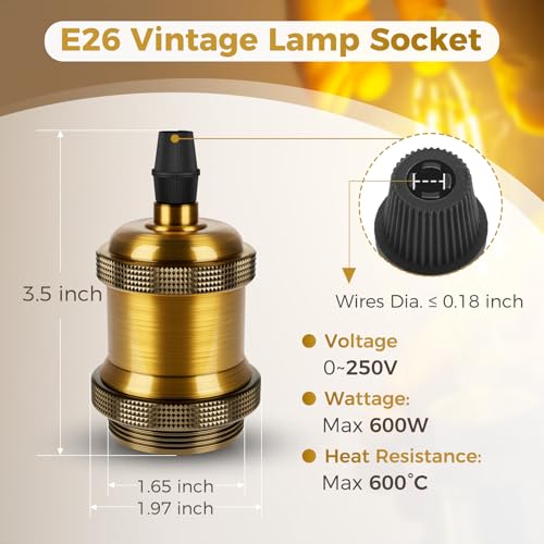 Image of DiCUNO Vintage E26 Lamp Socket, Edison Retro Pendant Lamp Holder, Industrial and Decorative for DIY Lighting, 600℃ Heat Resistant Vintage Brass Color 4 Packages