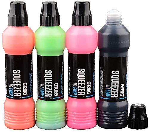 Grog Neon Marker 10FMP Squeezer 4 Stück Permanent wasserfest - Neonorange - Neongrün - Neonpink - Schwarz