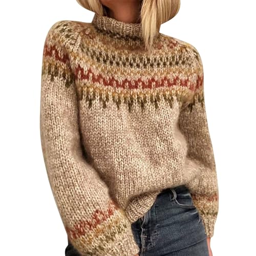 Uwdiohq Pullover Damen Casual Strickpullover mit Isle-Print, Winter Rundhals Lose Pulli, Retro-Stil Lässig Langärmelig Outwear, Warm kurzes Pullover...