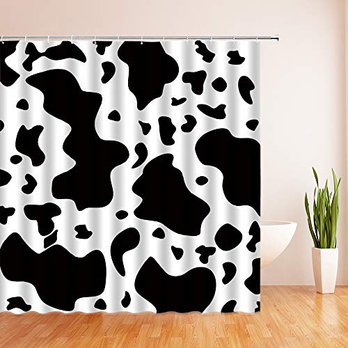 Black White Cowhide Shower Curtain Rustic Farm Animal Milk Cow Skin Print Funny Farmhouse Weatern Vintage Bathroom Decor Quick Dry Fabric Curtain With Hooks #TOP2