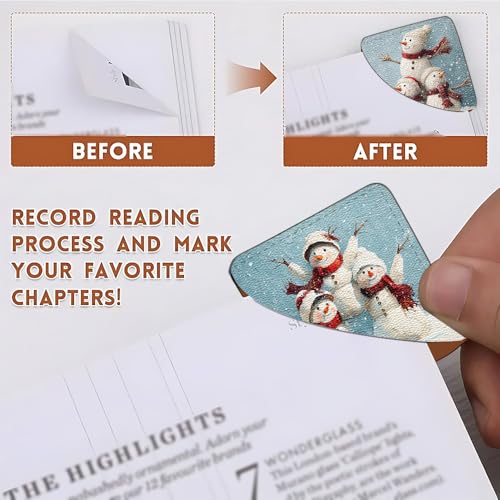 Image of 2Pcs Cute Snowman Family Corner Bookmarks, Handmade PU Leather Page Markers, Vintage Winter Art Stationery Gift for Kids, Teachers, Book Lovers, Aesthetic Reading Accessories 3.54 inch