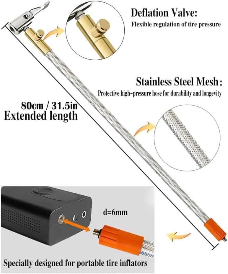 Extended Portable Air Compressor Tire Inflator Replacement Hose with Stainless Steel Mesh for Protection, Air Pump Tube, Fine Workmanship, Silver&Orange