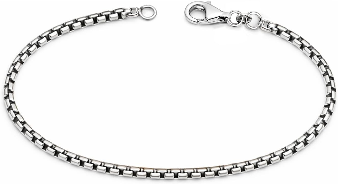 Solid 925 Sterling Silver Mens Box Chain Bracelets | Antique 3.5MM Italian Rolo Link Round Box Chain Bracelets for Men | Men's Silver Jewelry Bracelets 7.5 Inches