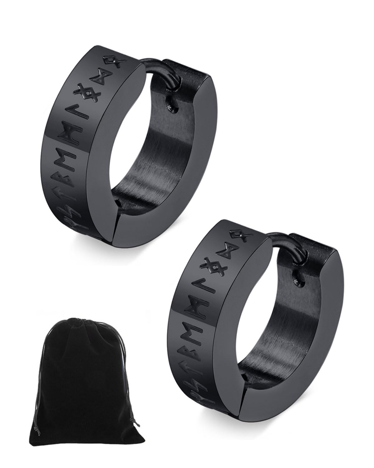 KGDUYC Pendientes Vikingos Runas Plata de Hombres, protección de amuleto, regalos de joyería de acero inoxidable para hombre, aretes con bisagras con runas nórdicas de Futhark, 1 par - negro