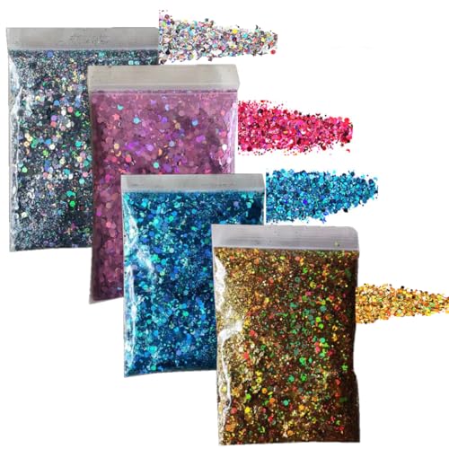 KARLOR Polvo de purpurina para maquillaje, 4 x 30 g de purpurina en polvo para la cara y el cuerpo de las uñas en polvo para manualidades Nail Art Glitter Bright DIY Color plata oro rosa azul