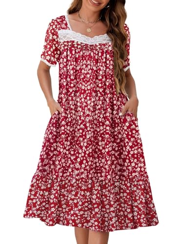 Image of CRIPOM Long Nightgowns for Women Lace Collar Floral Print House Dresses with Pockets S-3XL