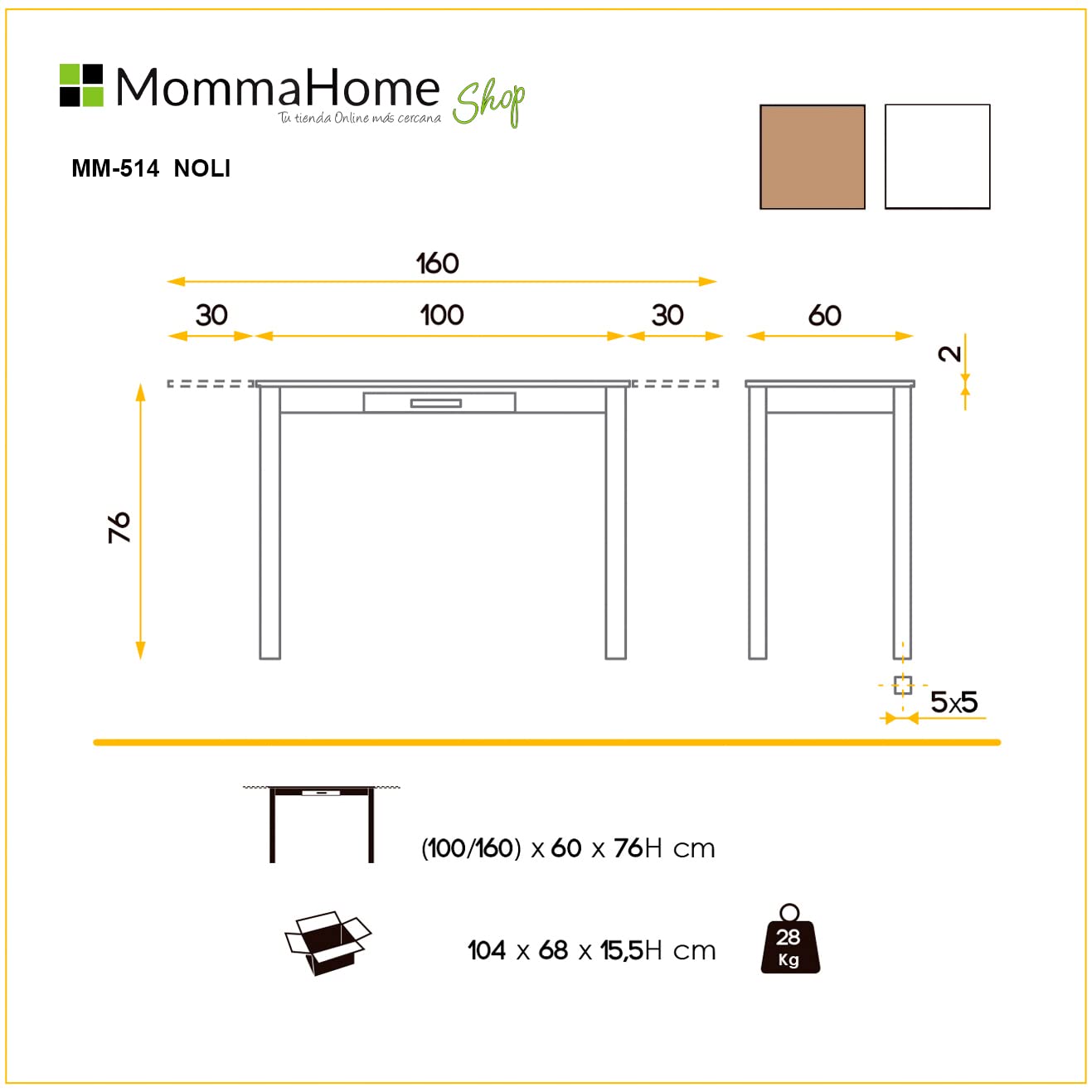 MOMMA HOME Mesa de Comedor Extensible Moderna – Mesa de Cocina Plegable y Extensible, Diseño Noli en Color Roble Rústico y Blanco, Medidas 100/160x60x76 cm
