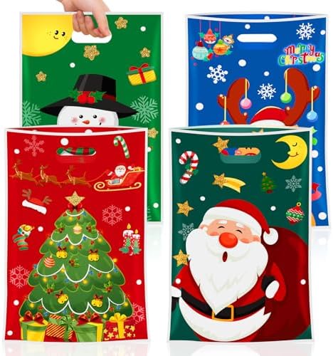 50 Pcs Christmas Gift Bags - Xmas Tote Bags with Handles, Merry Christmaa Santa Claus Plastic Treat Goodie Goody Candy Bags Bulk for Shopping Retail Winter Xmas Holiday Christmass Party Favors