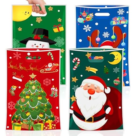 PADELO 50 Pcs Christmas Gift Bags - Christmas Tote Bags with Handles, Merry Christmas Santa Claus Plastic Treat Goodie Goody Candy Bags Bulk for Shopping Retail Xmas Holiday Christmas Party Favors Cover