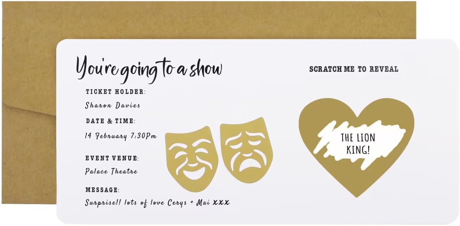 CJ&M Personalised Scratch Surprise Theatre Ticket, Show Reveal Ticket, Surprise Theatre Ticket Keepsake, Fake Ticket