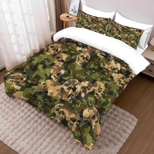 Image of Green Camo Comforter Set King: 1 Comforter 2 Pillowcases, Camouflage Skull Bedding Set for Boys Adults Men, Army Hunting Gothic Skeleton Quilt Bedroom Decor