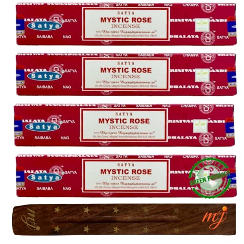 Original Satya Nag Champa Mystic Rose Incense Sticks | with M&J incense sticks holder | x4 pack | for Aromatherapy, Spa, Yoga, Weddings, Meditation, Healing, Positivity and Relaxation