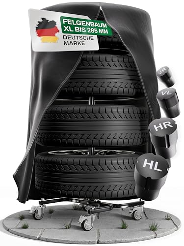 NEOPEAK® Felgenbaum XL mit Schutzhülle | Fahrbarer Reifenständer für 4 Autoreifen bis 285 mm Breite und 24 Zoll | stabile & platzsparende Reifen Aufbewahrung