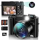 4K Digital Camera for Photography, 64MP Autofocus Vlogging Camera for YouTube with Front Rear Lens, Compact Travel Point and Shoot Camera with Flash, 16X Zoom, Anti-Shake, 32GB Card, 2 Batteries-Black