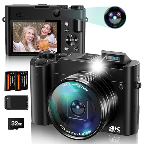 4K Digital Camera for Photography, 64MP Autofocus Vlogging Camera for YouTube with Front Rear Lens, Compact Travel Point and Shoot Camera with Flash, 16X Zoom, Anti-Shake, 32GB Card, 2 Batteries-Black