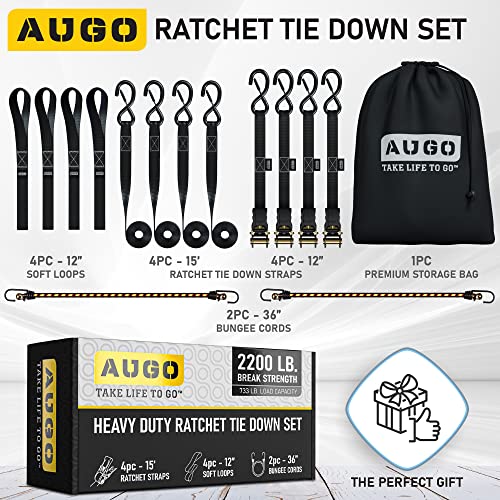 Augo Ratchet Tie Down Straps –4 Pk– 15 Ft – 2,200 Lb Break Strength – Safety Lock S Hooks –For Moving Cargo, Appliances, Lawn Equipment, Motorcycle – Includes 2 Bungee Cords, 4 Soft Loops, Storage Bag #TOP3