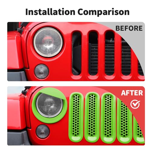 Image of JWWY Front Grille Insert Radiator Grille Grillwork Surround Assembly Inserts Headlight Headlamp Cover Trim Set Fit for 2007-2017 Jeep Wrangler JK JKU Exterior Accessories 9pcs Green