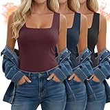Velvelhall 3 Pack Women's Thermal Tank Tops, Fleece Lined Raw Hem Sleeveless Tops Camisole Warm Square Neck Base Layer Vest(Black, Midnight Blue, Wine Red,X-Large)