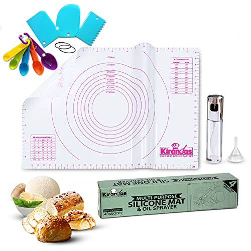KIRANDAS Multi Use Silicone Mat, Olive Oil Sprayer and Kitchen Gadgets Set. 16x24  Non-Stick Pastry Mat Heat Resistant Baking Sheet, Olive Oil Mister Bottle, 3x Dough Scraper And Measuring Spoons