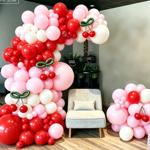 Image of Pink Red White Cherry Balloon Garland Arch Kit 129 PCS