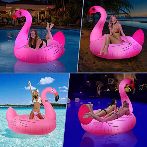 Ksheat Big Flamingo Pool Floats With Solar Lights, Inflatable Pool Floaties For Adults Ride-On With Cup Holder, Beach Lake Floating Lounger Raft Party Decorations Water Fun For Adults, Fast Valves #TOP4