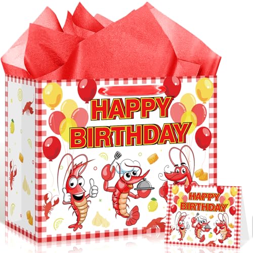 Crawfish Birthday Gift Bag with Card and Tissue Paper Red Checkered Cajun Seafood Birthday Wrapping Paper Bag for Men Women Summer Lobster Crayfish BBQ Picnic Carnival Bday Baby Shower Party