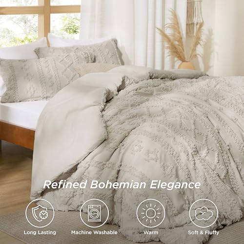 Bedsure Tufted Boho Comforter Set Full Size - Linen Boho Bed Set, GentleSoft™ 3 Pieces Farmhouse Shabby Chic Embroidery Bedding, Gifts for Woman, Soft Jacquard Full Comforter for All Seasons