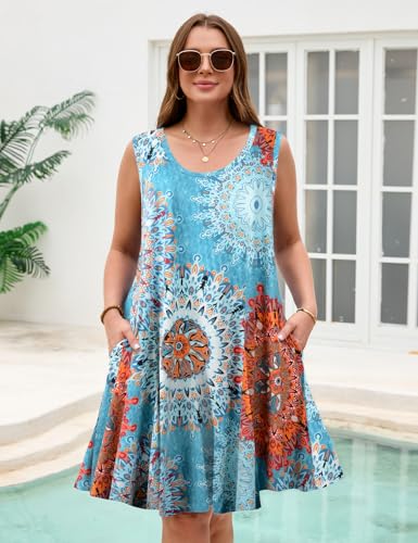 Image of JollieLovin Women Plus Size Curvy Summer Tank Sun Dresses Sleeveless Causal T-Shirt Dress Beach Swing Cover up(L-5X)