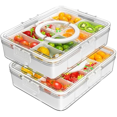 2pcs Snackle Box Divided Tray with Lid & Handle, Portable Organizer for Fruits & Veggies, Great for Parties & Picnics (8 Compartments) Cover
