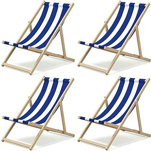 Crystals Set of 4 Folding Wooden Deck Chairs Blue & White Striped Garden Beach Loungers Portable Foldable Sun Recliner Chairs Outdoor Patio & Seaside Relaxing Wood Frame Seats