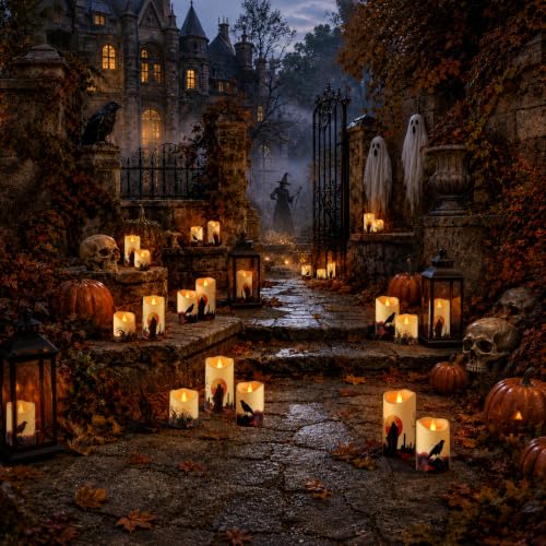 Image of Artmarry Halloween Flameless Candles 4 inch 5 inch 6 inch Set of 3 Outdoor Indoor | Pillars Battery Operated Flickering Candles with Cozy Climbing Flame Effect ,10-Key Remote Timer, Plastic LED Candles