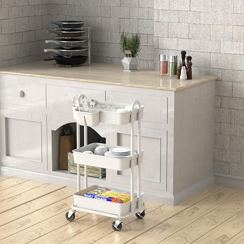 Simple-Houseware-3-Tier-Multifunctional-Rolling-Utility-Cart-with-Hanging-Bucket-White Simple Houseware 3 Tier Multifunctional Rolling Utility Cart with Hanging Bucket White