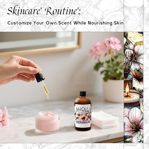 Image of HIQILI Geranium Fragrance Oil for Diffuser & Soap Making - 5.07 Fl Oz | Essential Oil for Candle & Body Lotion Making, Long-Lasting Scents, Car Freshies - 150 ML